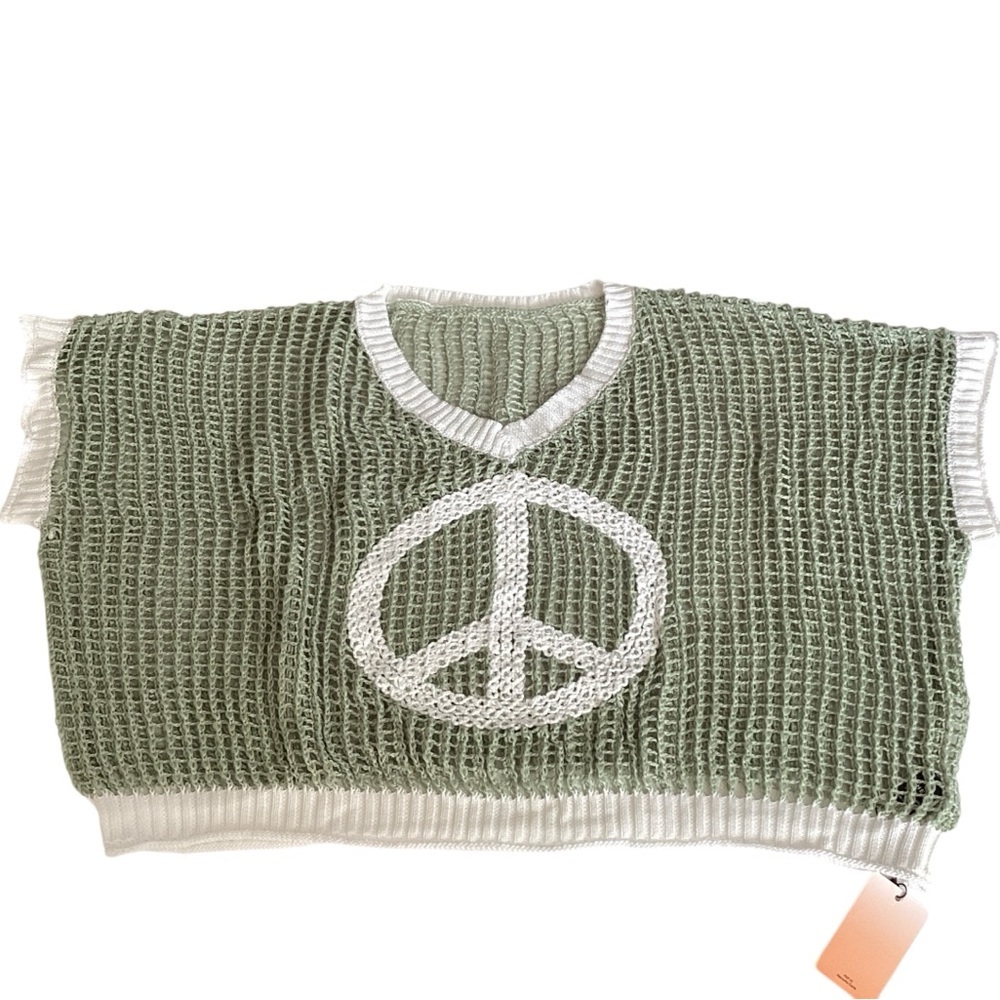 Open Crochet Oversized Peace Sign Shirt Women's Green Knit Top New w/ Tags Sz L - Picture 15 of 16